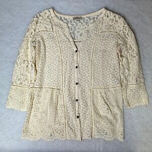 Lucky Brand Floral Lace Blouse Small Cream Peplum Boho Coquette Cottagecore